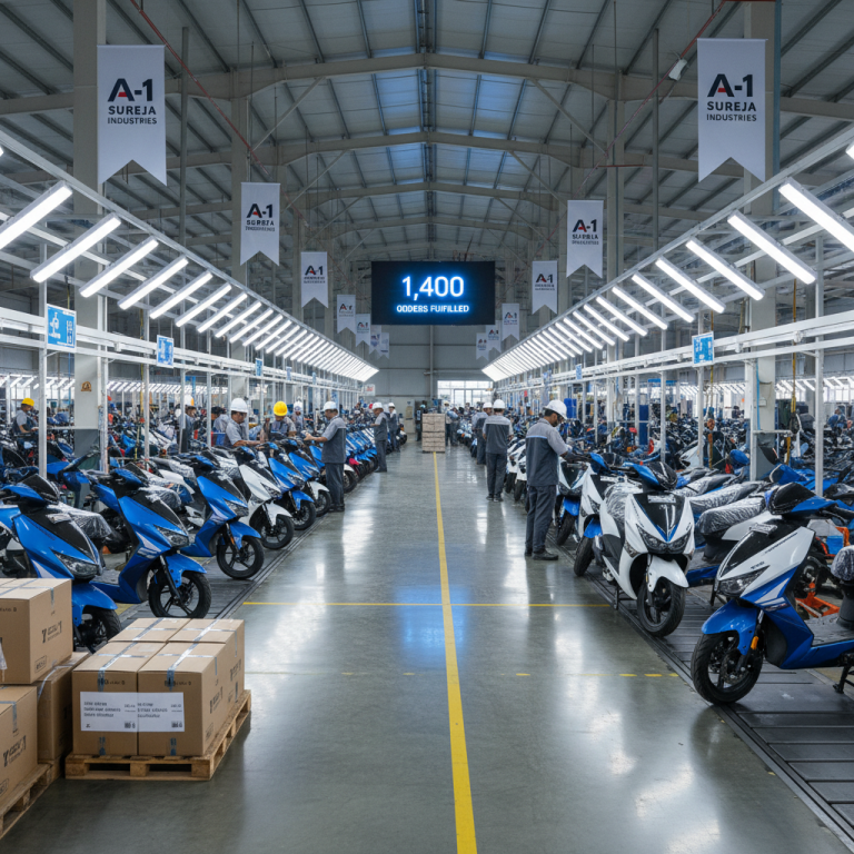 A modern factory floor with numerous electric two-wheelers being assembled, showing efficiency and high production.