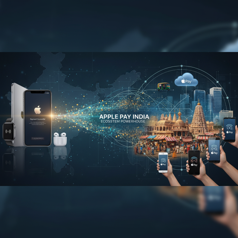 A visual representation of Apple Pay's expansion in India, blending technology with cultural elements.