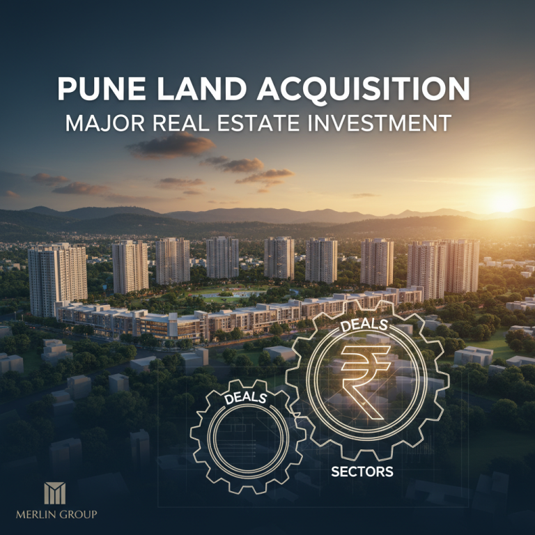 An aerial shot of modern high-rise buildings in Pune, India, with a prominent sunlit skyline.