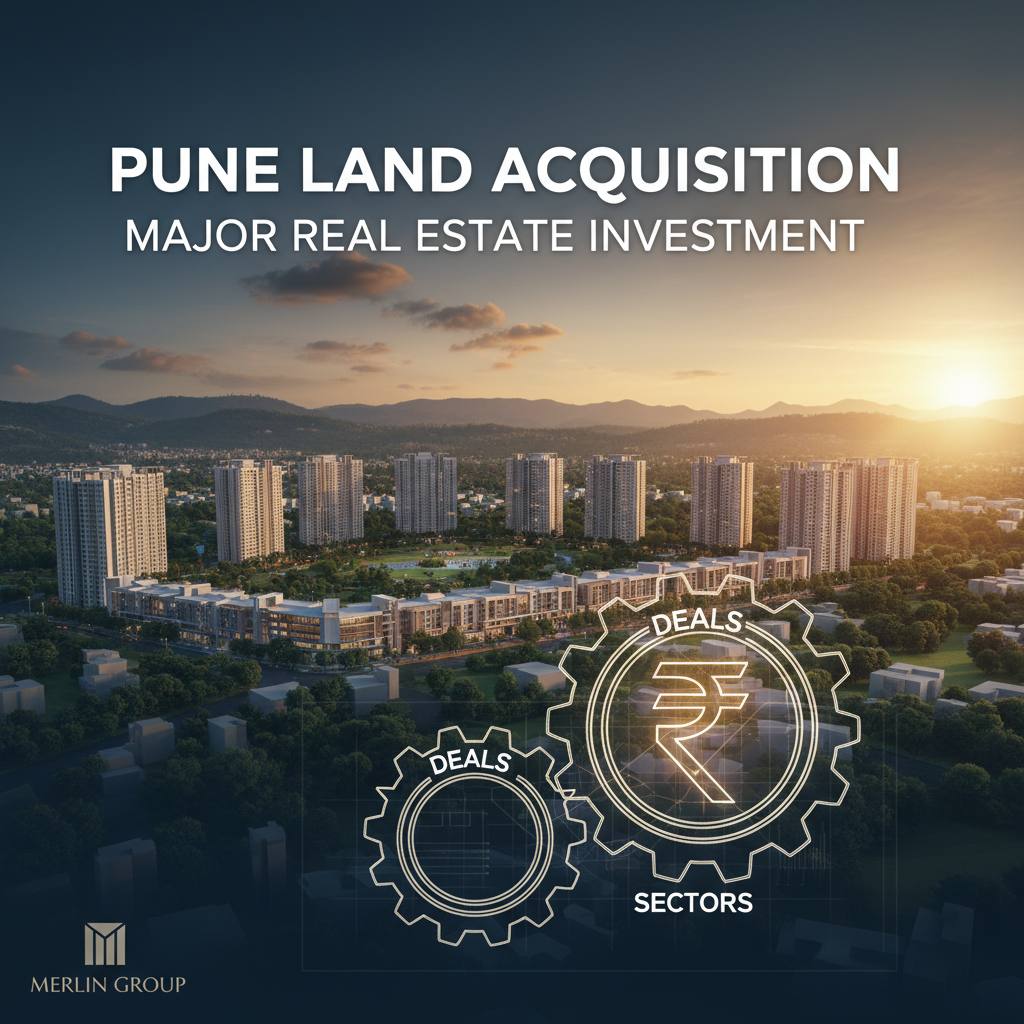 An aerial shot of modern high-rise buildings in Pune, India, with a prominent sunlit skyline.