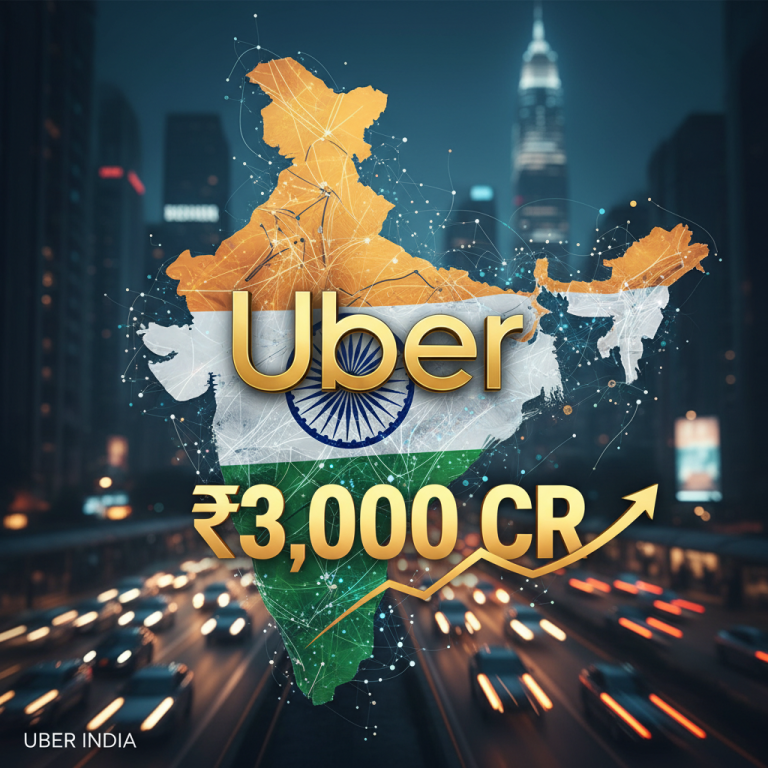 A map of India with the Uber logo and "₹3,000 CR" overlaid, symbolizing growth amidst a cityscape with blurred car lights.