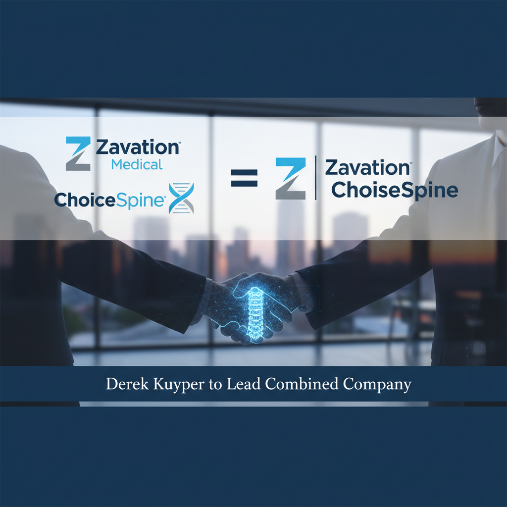 Two businessmen shaking hands with a medical device graphic overlay, symbolizing a merger.