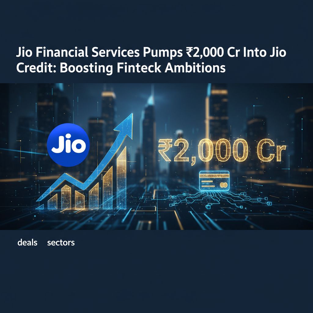 A digital illustration showing the Jio logo, an upward arrow chart, and "₹2,000 Cr" with a credit card icon.
