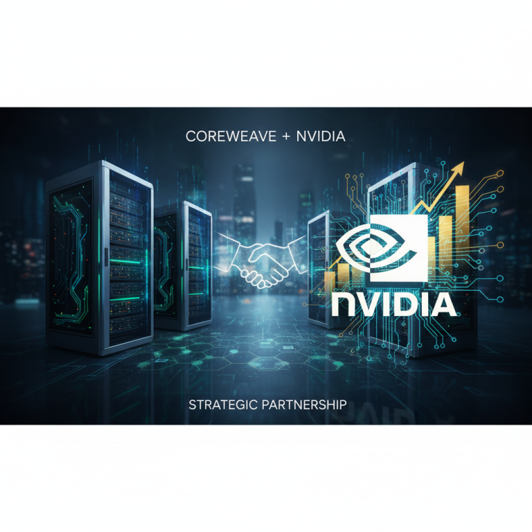 An image symbolizing a strategic partnership between CoreWeave and Nvidia in data center financing, featuring servers and tech motifs.