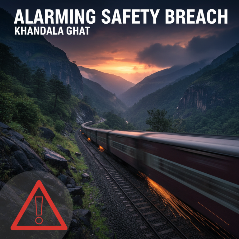 A goods train blurs past on tracks through a mountain pass at sunset, with a red warning triangle overlay.