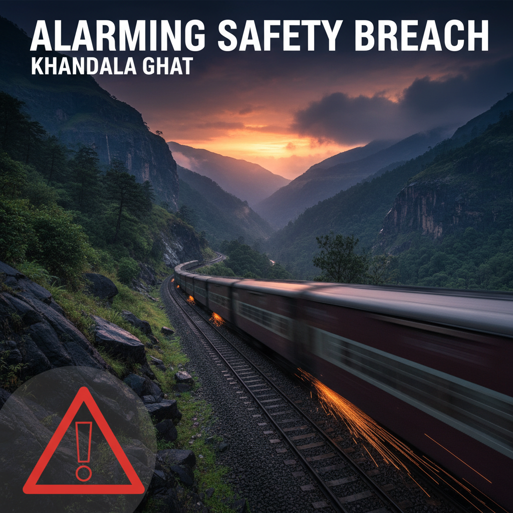 A goods train blurs past on tracks through a mountain pass at sunset, with a red warning triangle overlay.