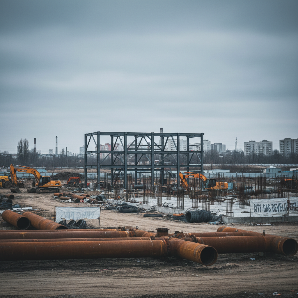 An empty construction site with large, rusty pipes and a partially built structure, symbolizing halted progress.
