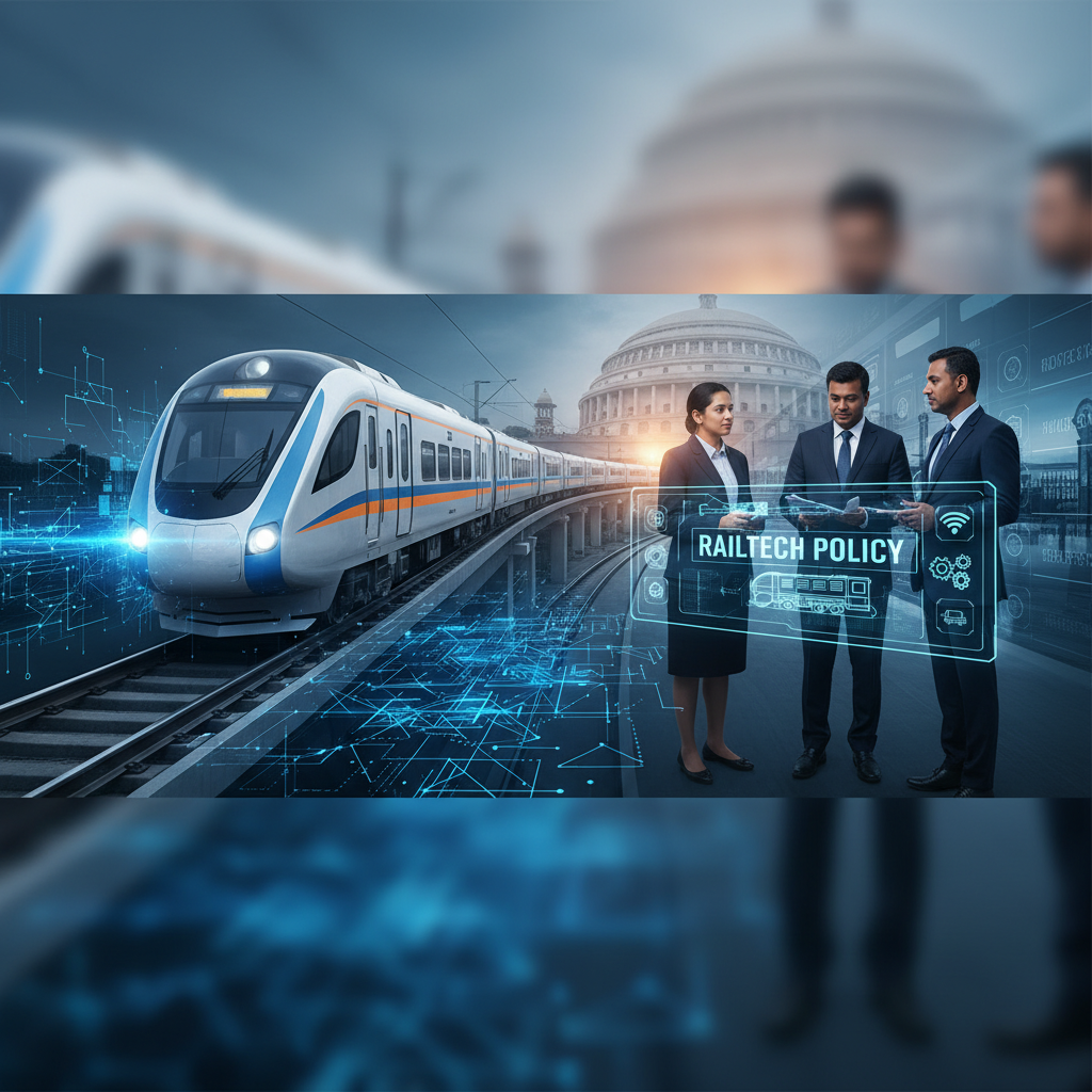 Three professionals in suits discuss "Rail Tech Policy" in front of a modern train, symbolizing innovation.