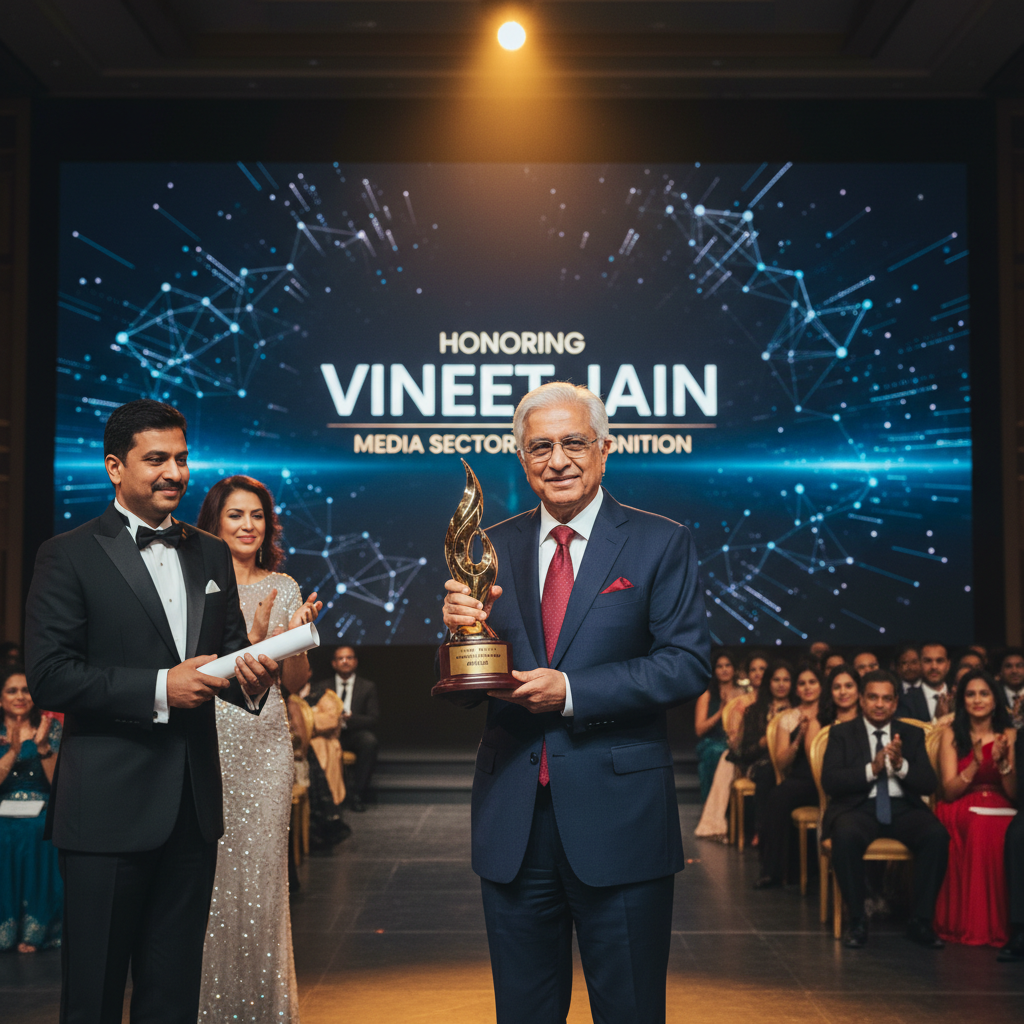 Vineet Jain, in a suit, accepts a golden award on stage with "HONORING VINEET JAIN" on a screen behind him.