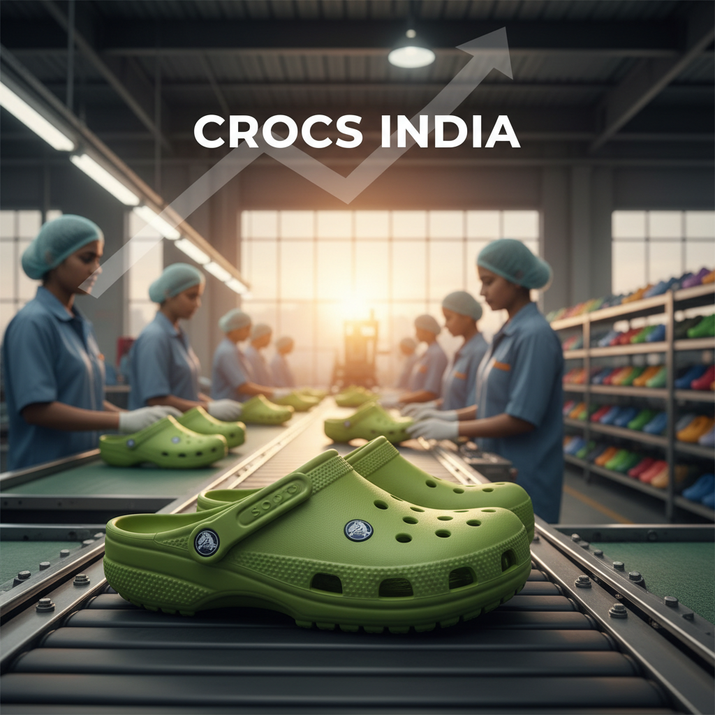 A Crocs manufacturing facility in India, with workers, products, and a growth arrow.