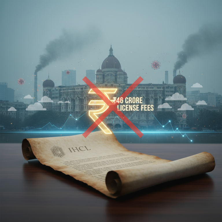 An image showing an old document with "IHCL" logo, with the Taj Hotel in the background and a rupee symbol crossed out.