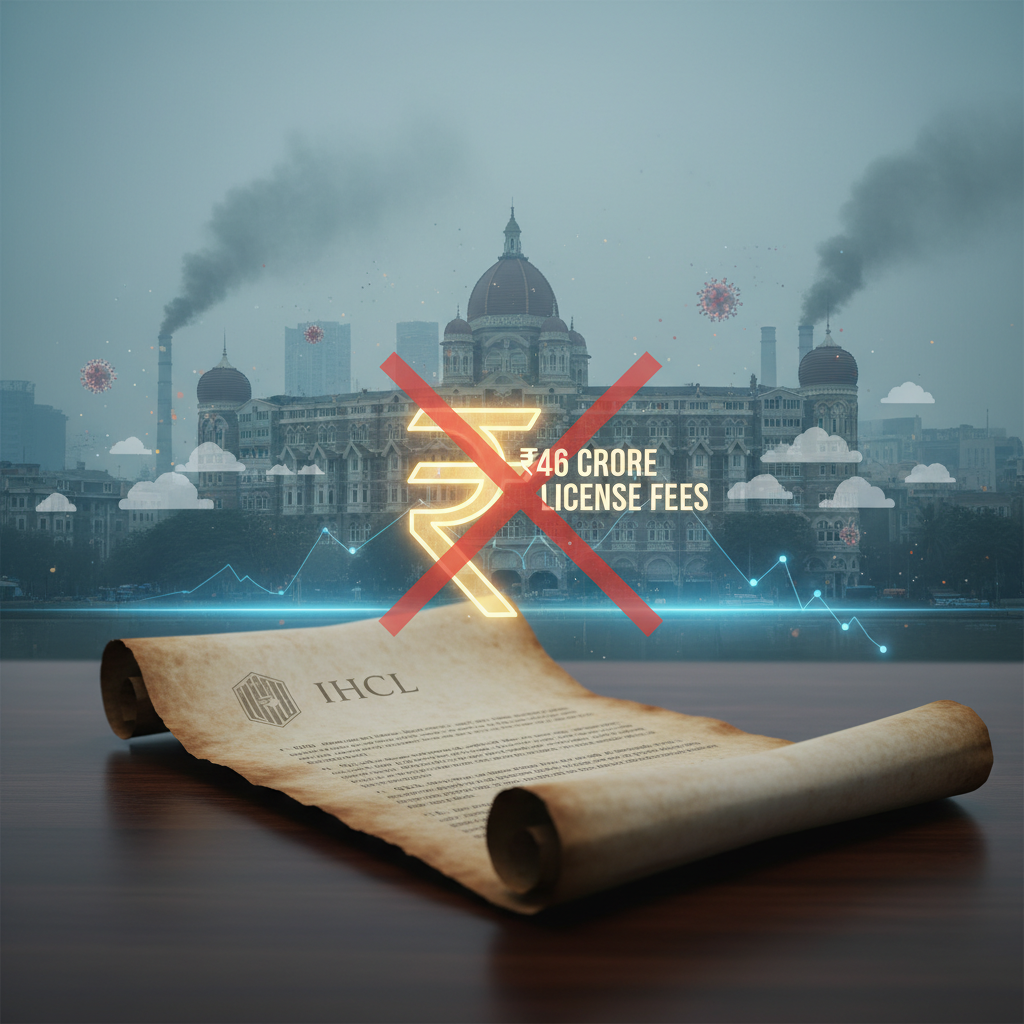 An image showing an old document with "IHCL" logo, with the Taj Hotel in the background and a rupee symbol crossed out.