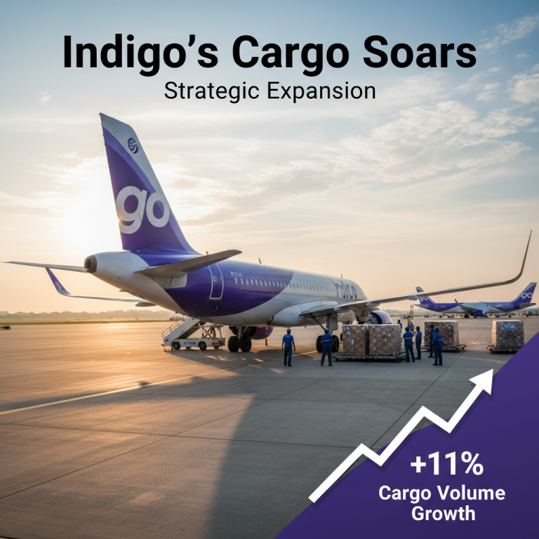 ** An IndiGo cargo plane on the tarmac with ground crew loading packages, with a graphic indicating +11% cargo volume growth.