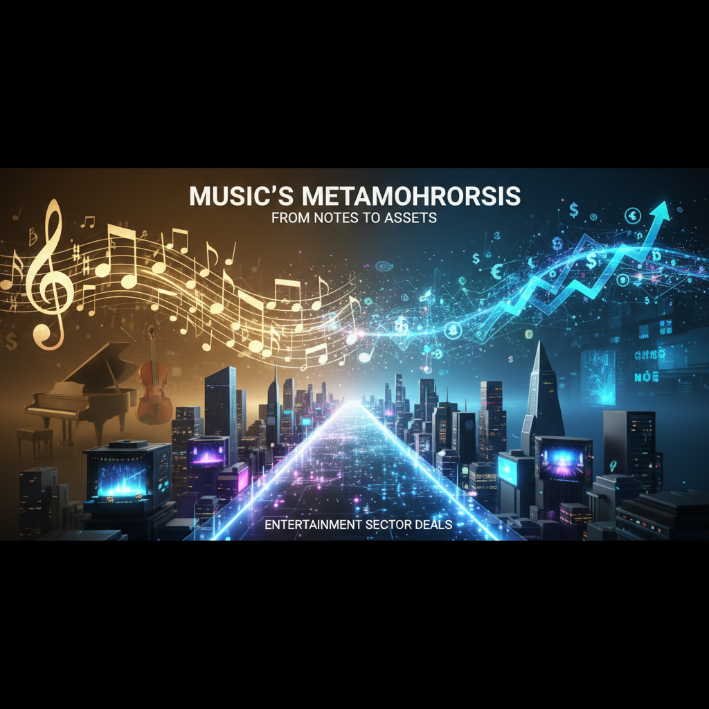A dynamic image representing the evolution of music from traditional notes to financial assets within the entertainment sector.