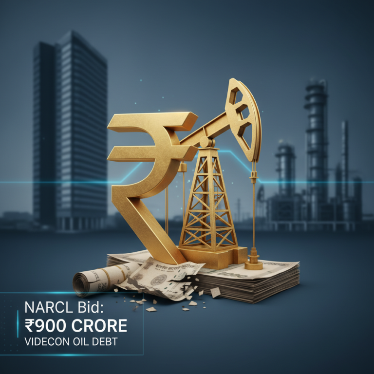 A golden Indian Rupee symbol and an oil pump jack on stacks of currency with a blurred industrial background.
