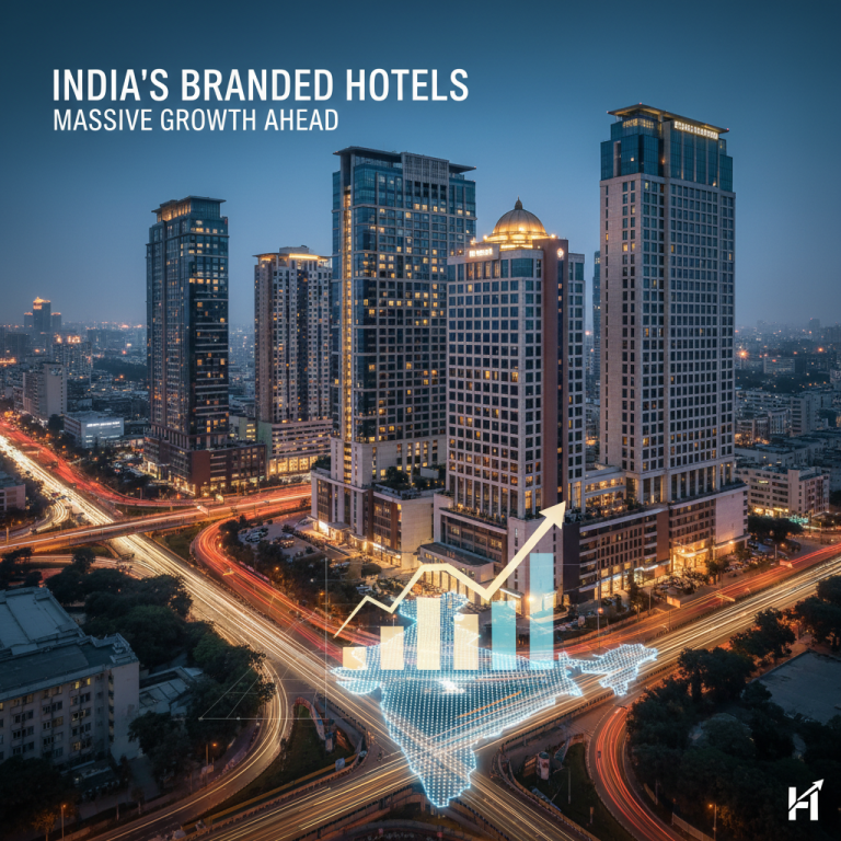 An aerial night view of modern hotels in an Indian city with a glowing map of India and an upward trend graph overlaid.