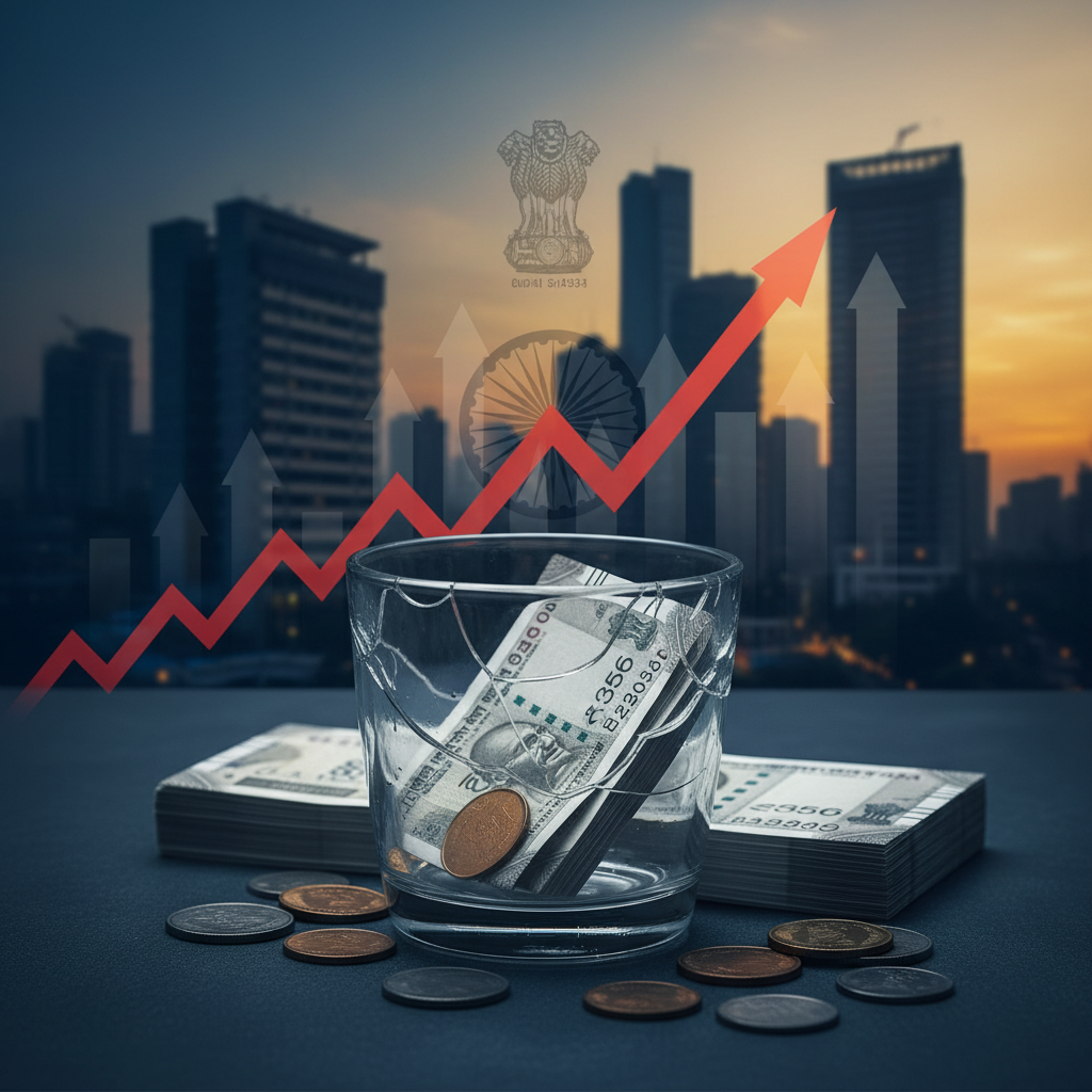 A glass of Indian rupees and coins, with an upward red arrow, symbolizing rising costs against a city skyline.