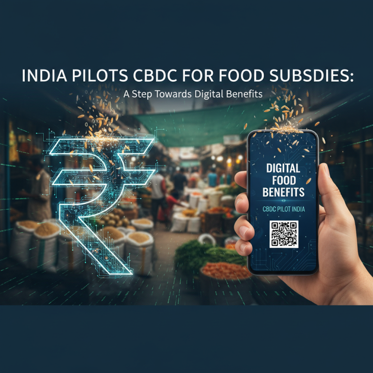 A hand holds a smartphone displaying "Digital Food Benefits" app with an Indian rupee symbol and grain market background.