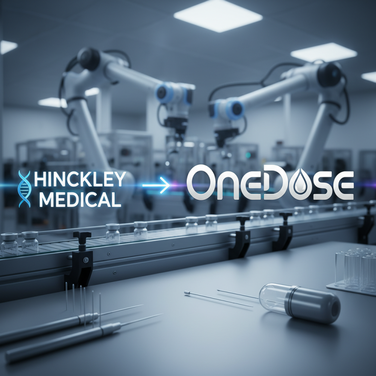 Robotic arms oversee a modern pharmaceutical production line, symbolizing Hinckley Medical's rebrand to OneDose.