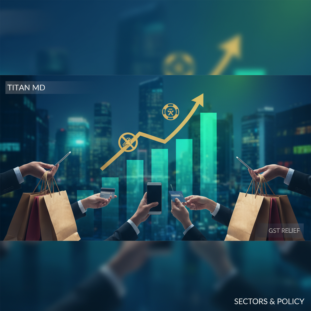 An upward-trending financial graph with shopping, credit cards, and "Titan MD" and "GST Relief" text.