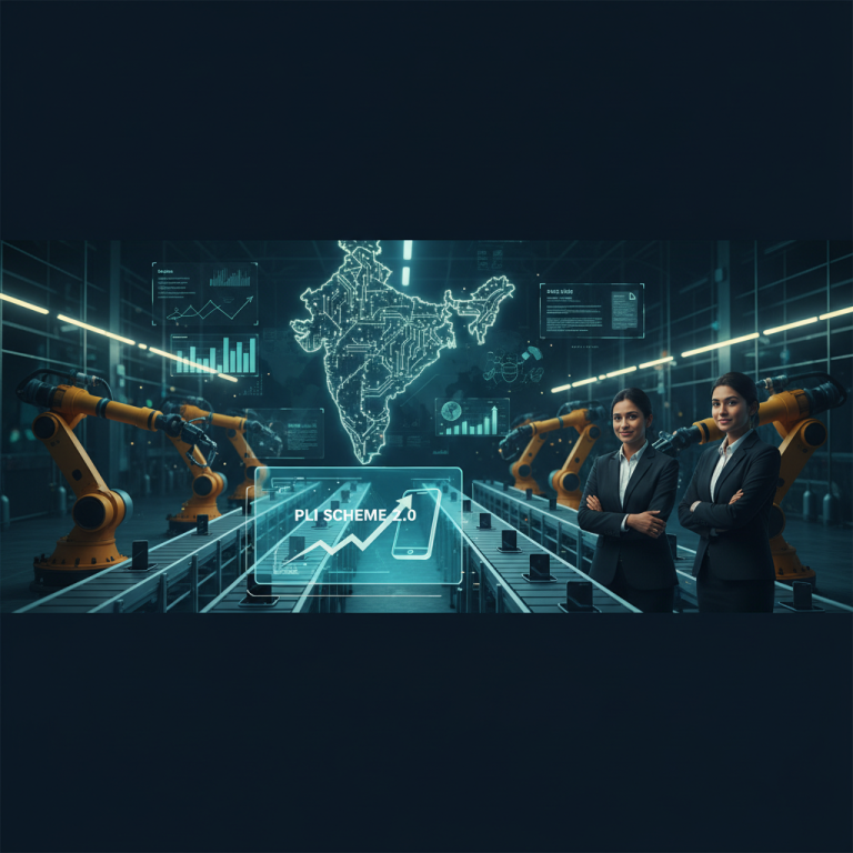 Two businesswomen in a high-tech factory with robotic arms, digital India map, and "PLI SCHEME 2.0" display.