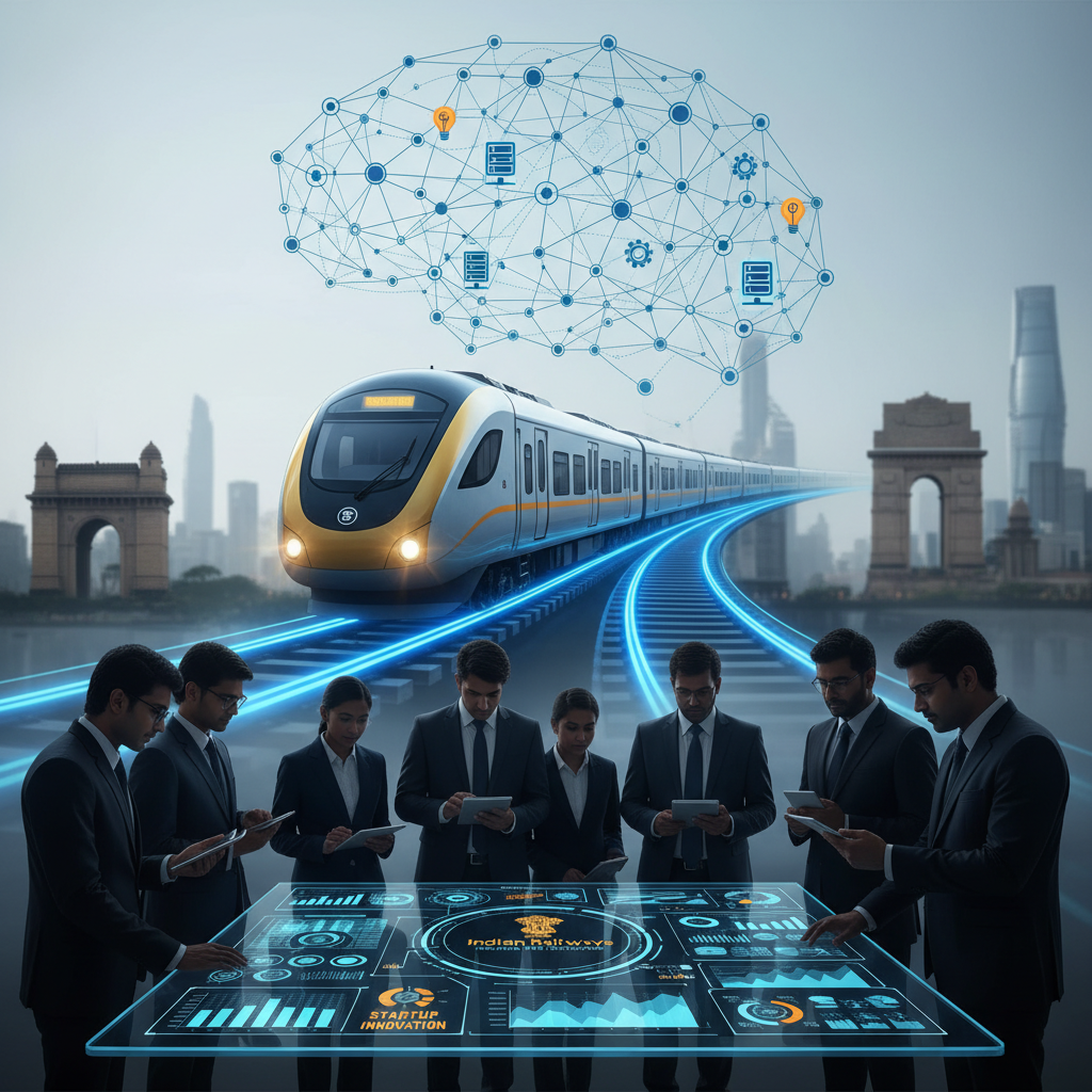 A modern train on digital tracks, with professionals interacting with a holographic display.