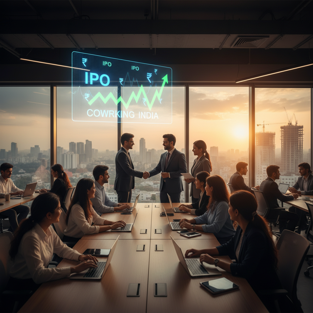 Business professionals in a modern coworking office with a digital overlay showing "IPO Coworking India" and an upward trend.