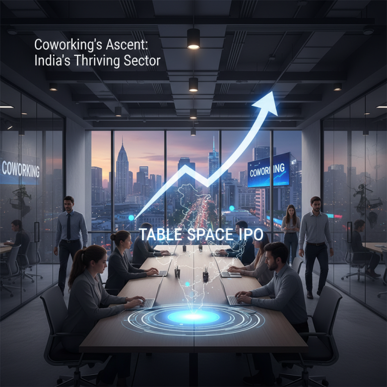 A modern coworking office with a glowing arrow indicating growth and the text "Table Space IPO" and "Coworking"