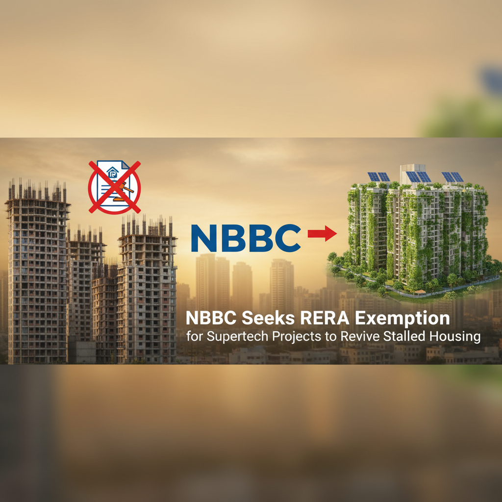 Image showing unfinished buildings transforming into green, completed apartments, symbolizing project revival.