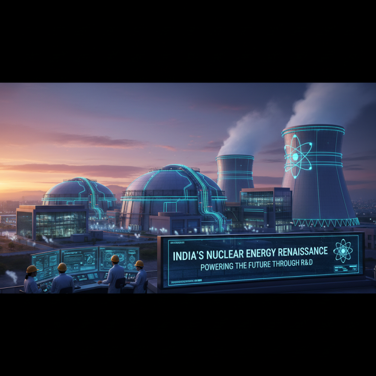 A modern nuclear power plant at sunset with glowing blue lines and a billboard featuring the article title.