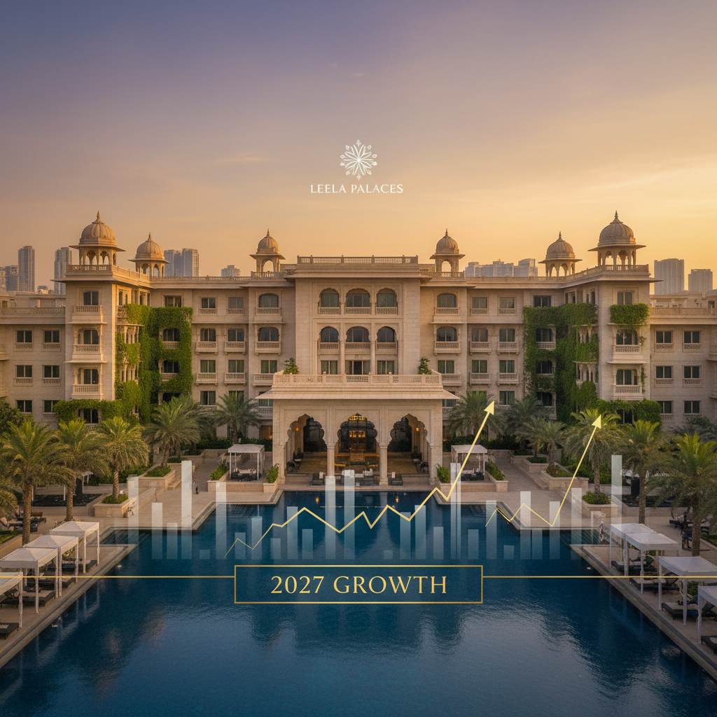An elegant Leela Palaces hotel with a pool, overlaid with an upward-trending financial graph and "2027 GROWTH".
