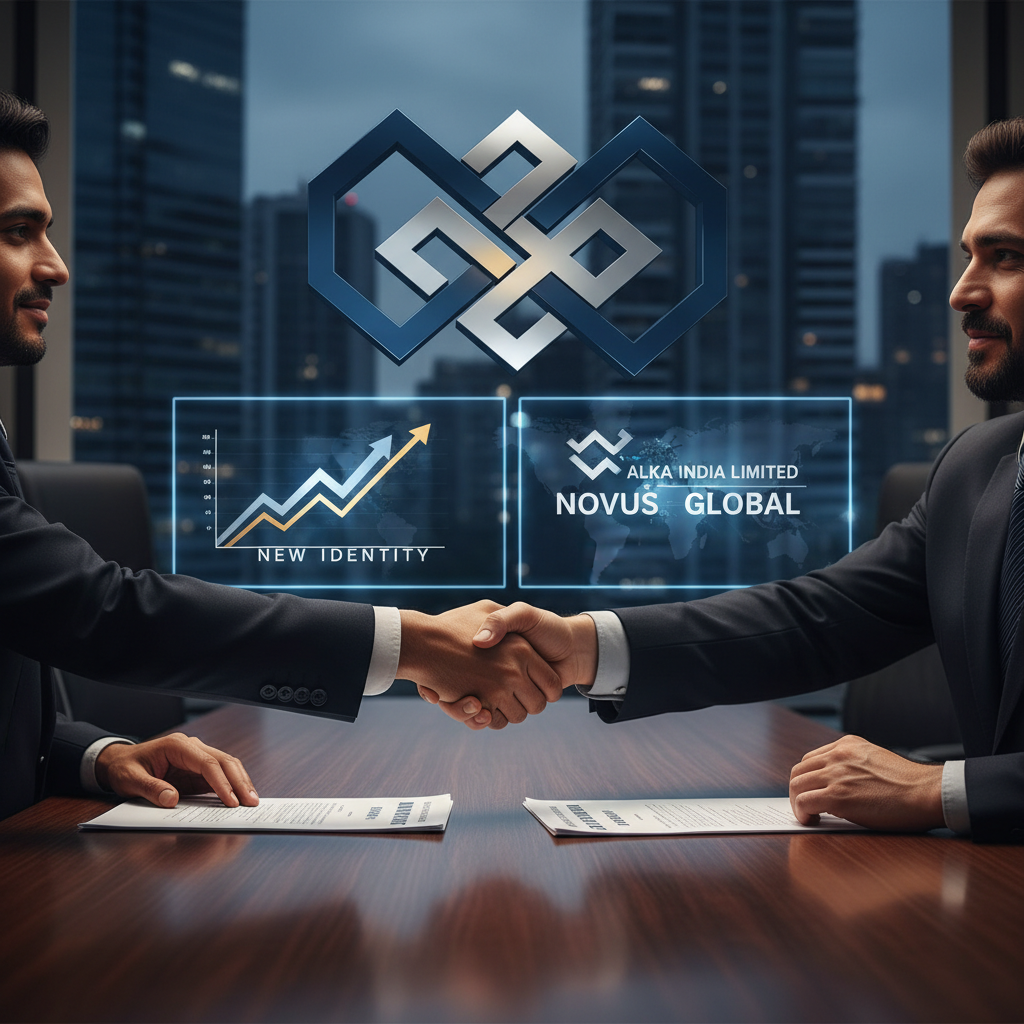Two businessmen shaking hands over a conference table with holographic financial charts and the new company logo.