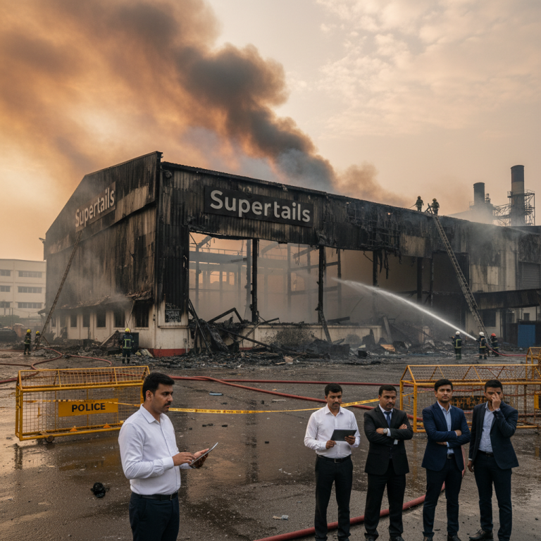 A professional image depicting the charred remains of a warehouse with "Supertails" visible, and firefighters at work.