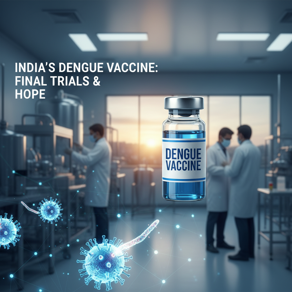 A dengue vaccine vial in a lab with researchers, symbolizing medical progress and hope.