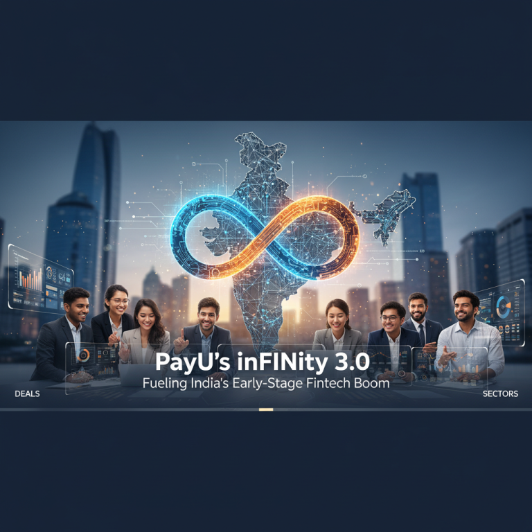 Diverse professionals in a modern office, with a glowing infinity symbol over a map of India, representing fintech growth.