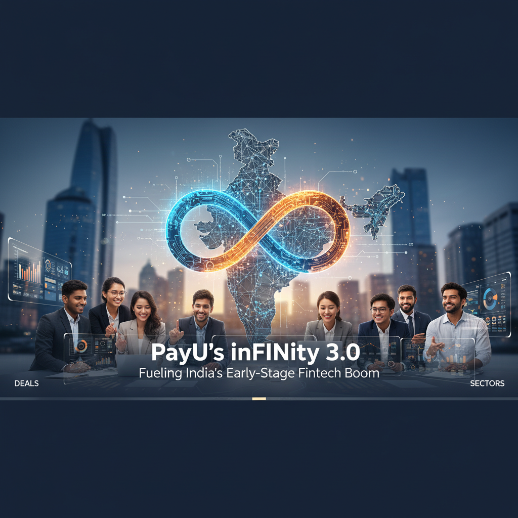 Diverse professionals in a modern office, with a glowing infinity symbol over a map of India, representing fintech growth.