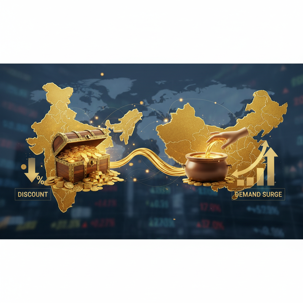 A map highlighting India and China, with gold flowing from a treasure chest in India to a pot in China.