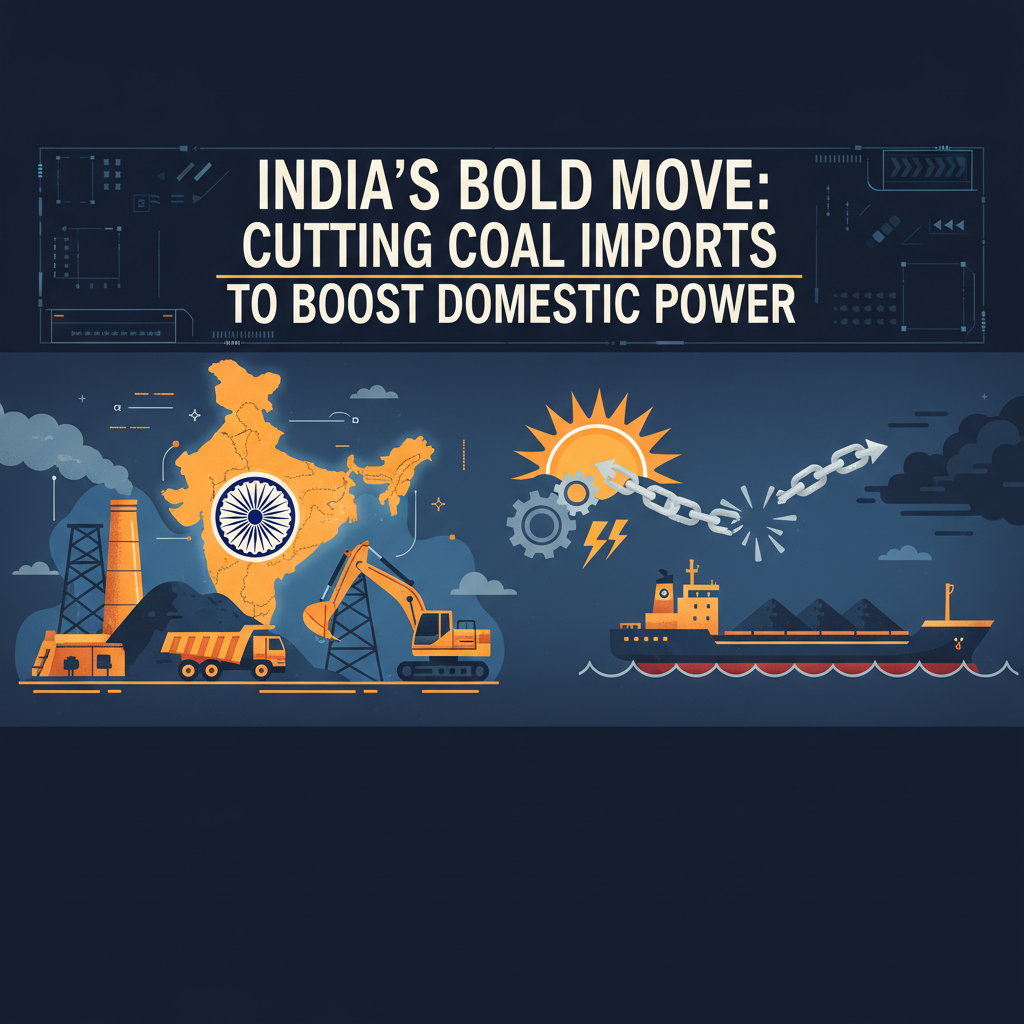 An infographic showing India's map with coal mining and power plants, and a broken chain connecting a sun to a coal ship.
