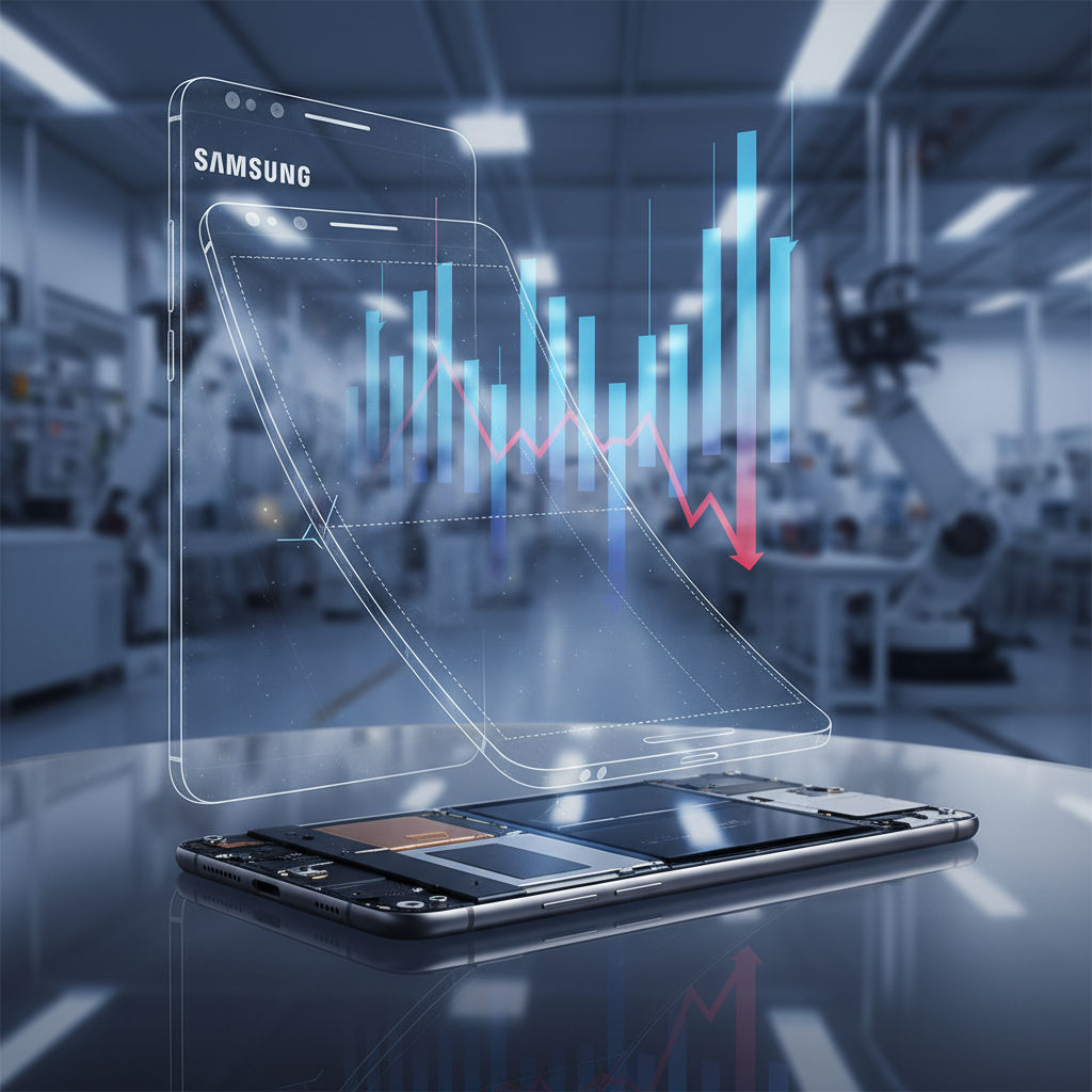 A partially disassembled smartphone with a transparent overlay showing a downward trending sales graph.