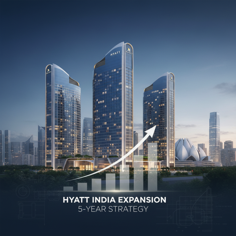 A modern cityscape with three prominent Hyatt hotels, an upward trending graph, and the text "HYATT INDIA EXPANSION 5-YEAR STRATEGY."