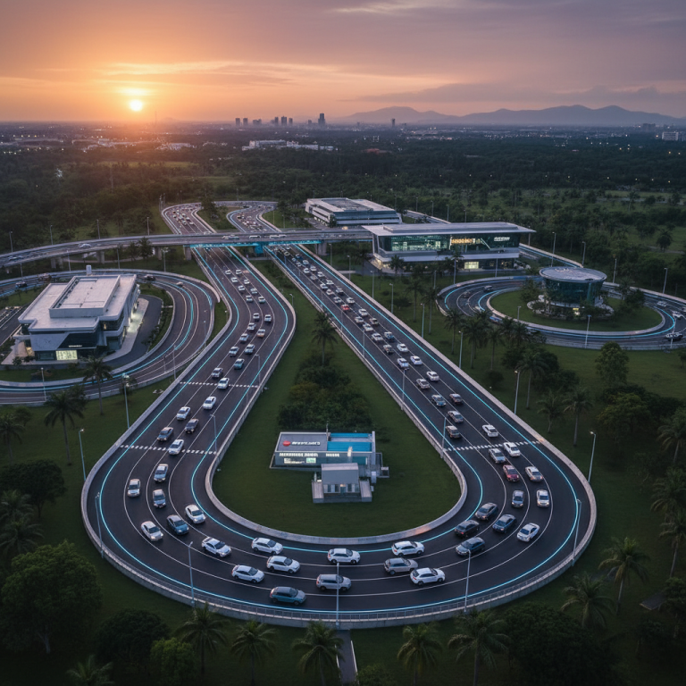 An aerial view of a modern automated driving track facility with cars, surrounded by lush green landscapes.