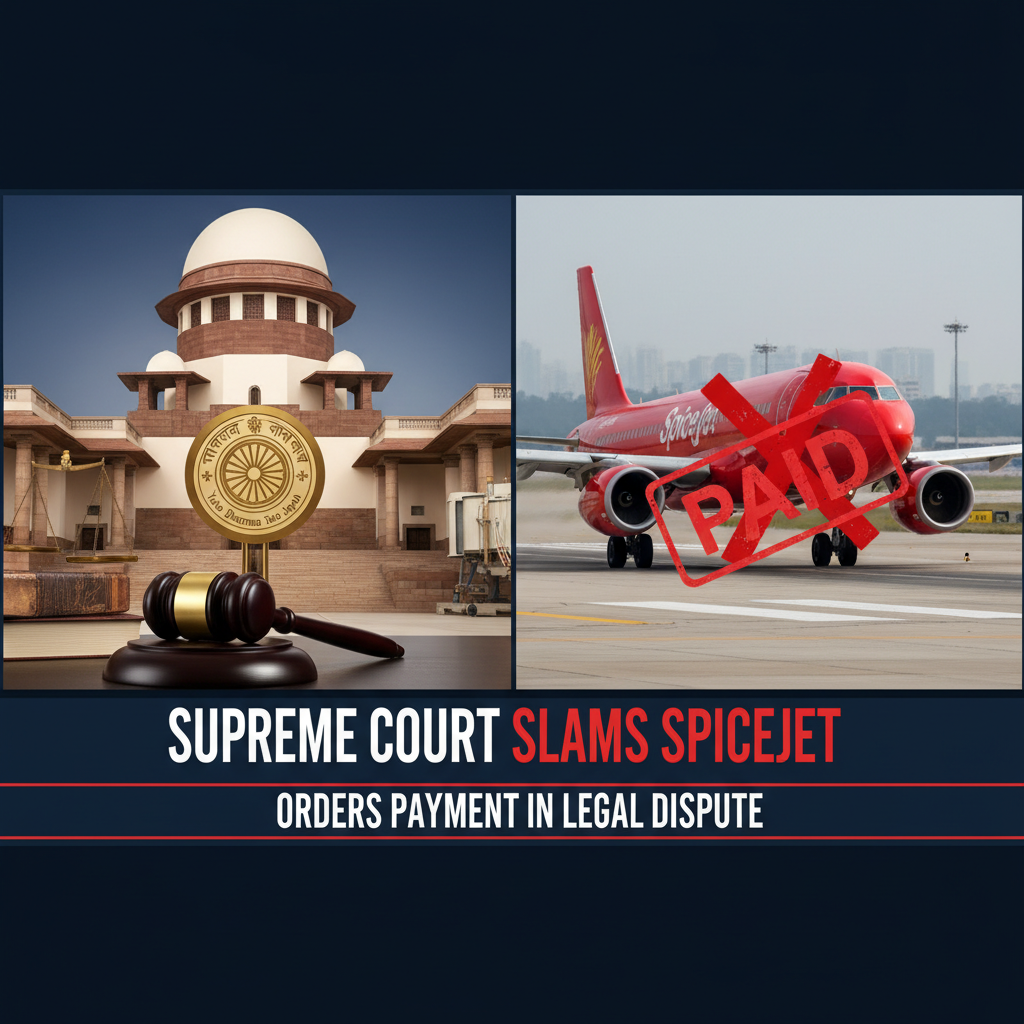 A split image showing the Supreme Court building on one side and a SpiceJet airplane on a runway with a "PAID" stamp.