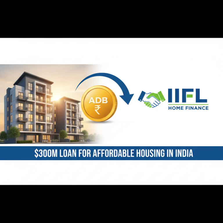 IIFL Home Finance and ADB logos with a coin, houses, and text "Loan for Affordable Housing in India."