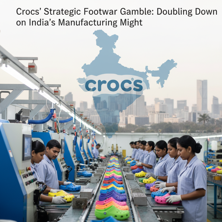 Factory workers on an assembly line producing colorful Crocs footwear, with a map of India and the Crocs logo overlaid.