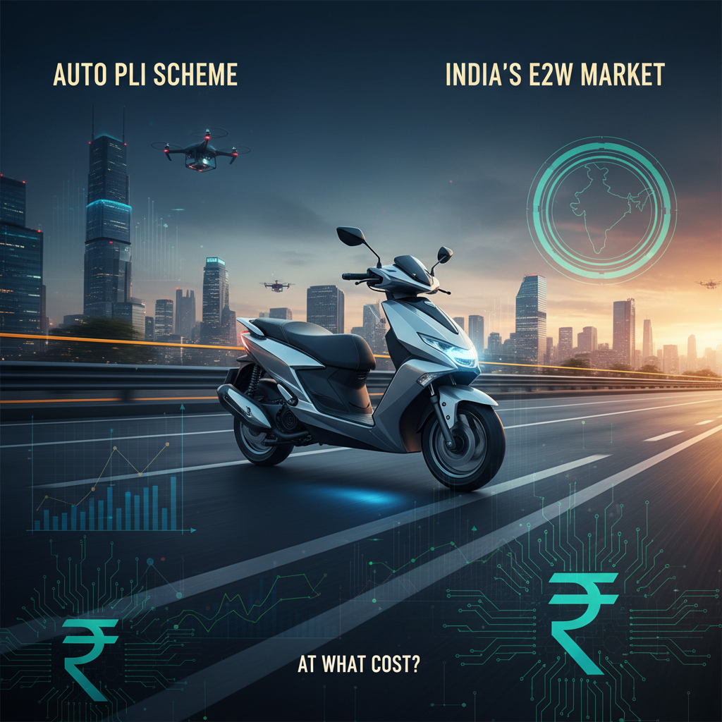 An electric scooter on a futuristic road with city skyline, data, currency symbols, and text "Auto PLI Scheme," "India's E2W Market," "At What Cost?".