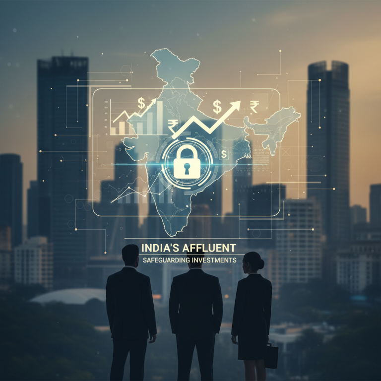 Three professionals gaze at a futuristic overlay of India's map, financial graphs, and a lock icon, symbolizing investment protection.
