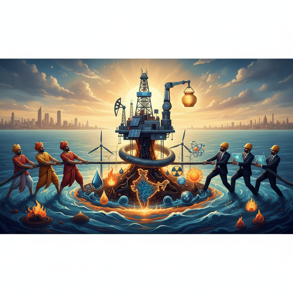 A stylized depiction of "Samudra Manthan" with traditional figures and modern elements, symbolizing India's energy push.