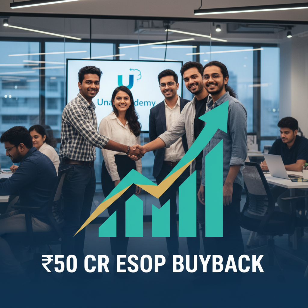 Diverse employees shake hands in a modern office with an upward trend graph and "₹50 CR ESOP BUYBACK" text.