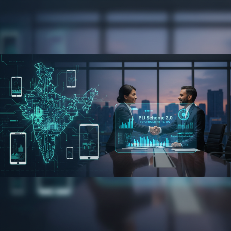 Two professionals shaking hands in a modern office, overlaying a digital map of India with smartphone icons and data.