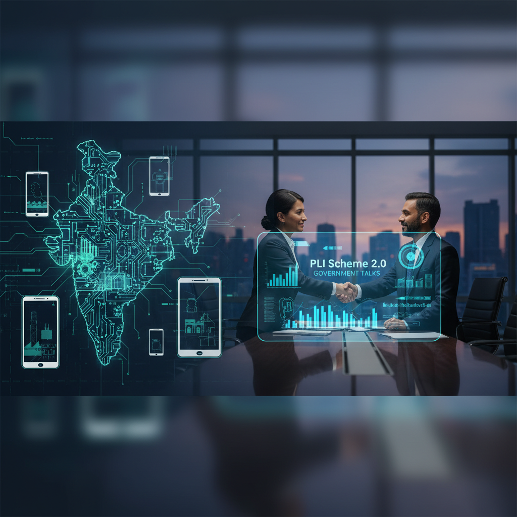 Two professionals shaking hands in a modern office, overlaying a digital map of India with smartphone icons and data.